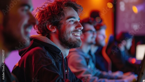 Capture the excitement of a product launch as developers celebrate the culmination of months of hard work, their faces illuminated by the glow of computer screens.