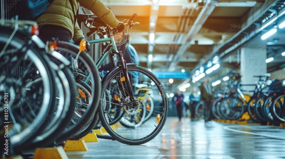 Employees in a corporate setting actively engage in green commuting, using bicycles accessible in the company's in-house bike-sharing system. Corporate carbon reduction
