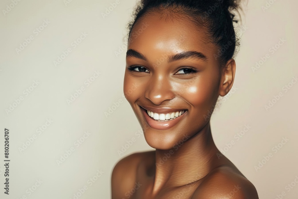 portrait of smiling young black woman with glowing skin on soft white background natural beauty and skincare concept portrait of smiling young black woman with glowing skin on soft white background natural beauty and skincare concept