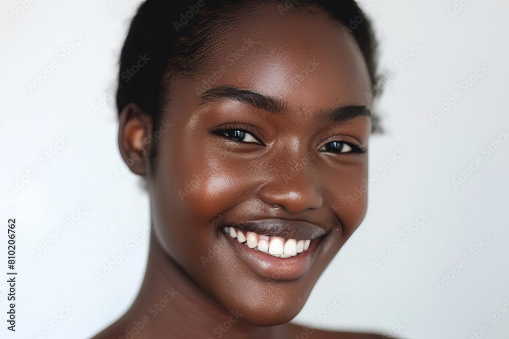 portrait of smiling young black woman with glowing skin on soft white background natural beauty and skincare concept portrait of smiling young black woman with glowing skin on soft white background natural beauty and skincare concept