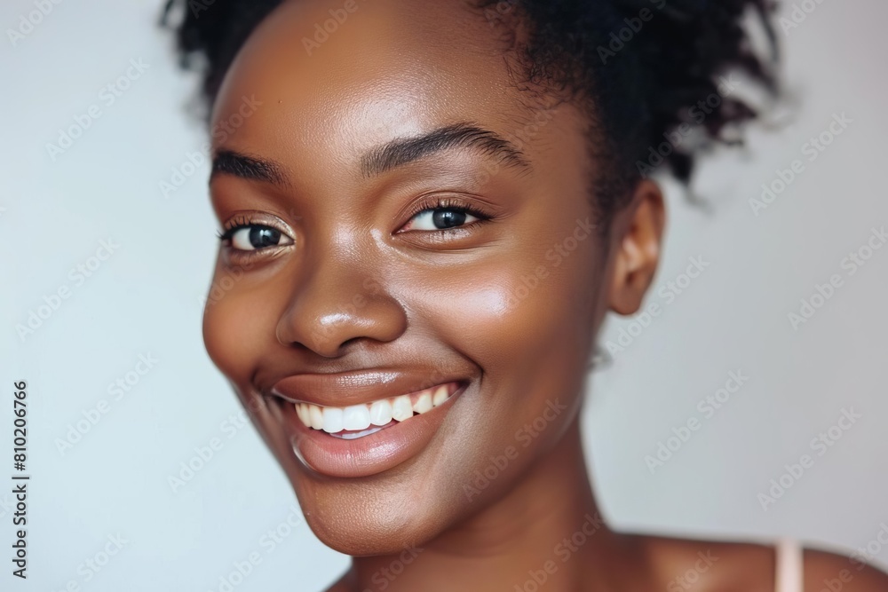 portrait of smiling young black woman with glowing skin on soft white background natural beauty and skincare concept portrait of smiling young black woman with glowing skin on soft white background natural beauty and skincare concept
