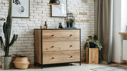 Modern chest of drawers and decor near light brick wall