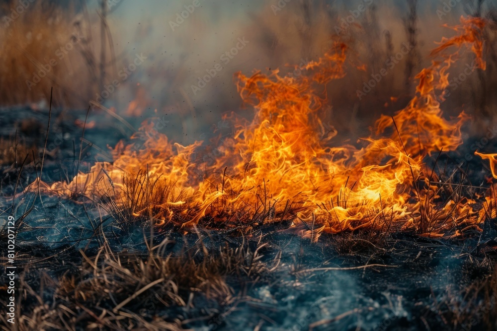 A field of dry grass is on fire, with flames shooting up into the air A field of dry grass is on fire, with flames shooting up into the air