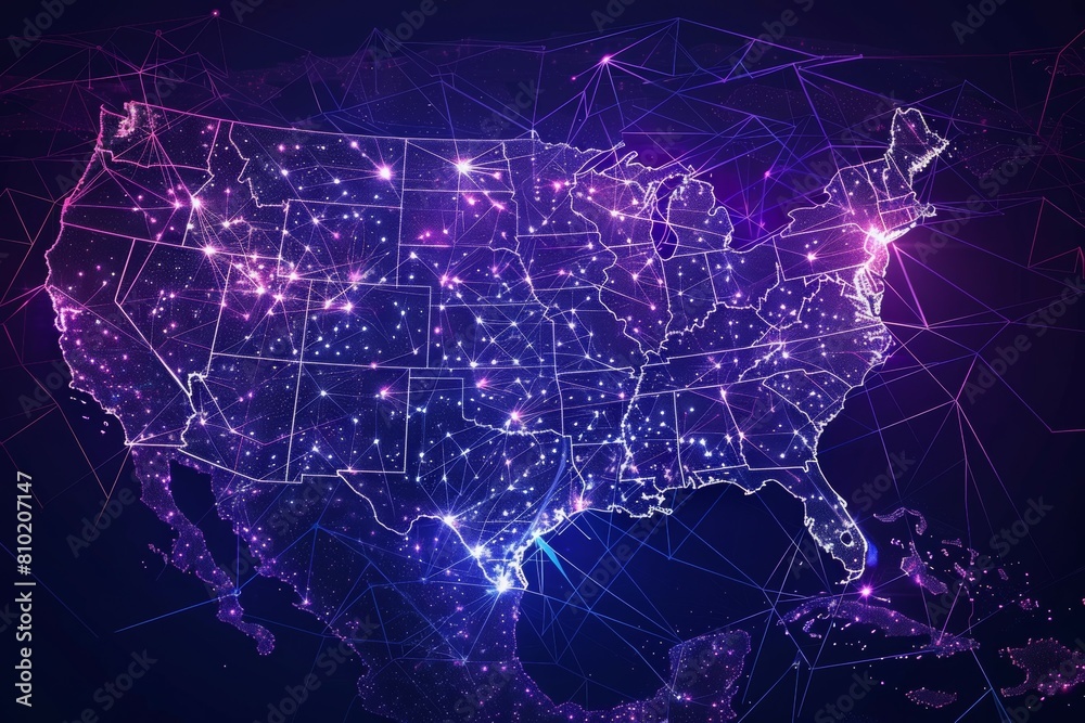 A map of the United States is shown in purple with many stars