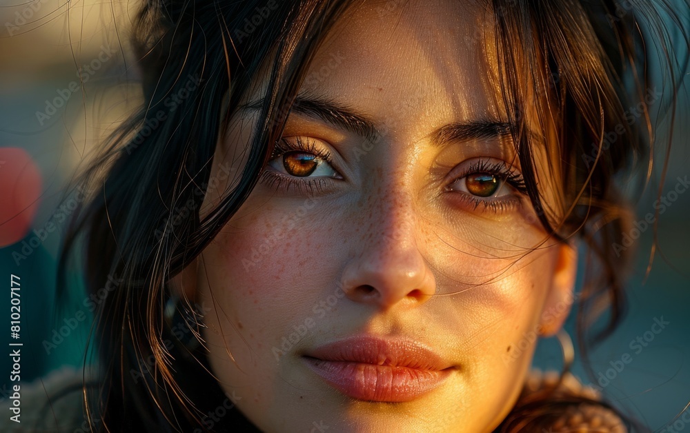 A woman with brown hair and brown eyes is smiling. She has a red tint to her skin A woman with brown hair and brown eyes is smiling. She has a red tint to her skin