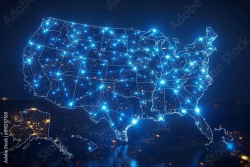 A map of the United States is lit up with blue lights © top images