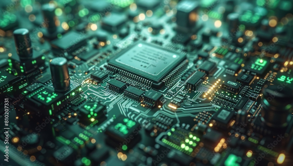 Zoom in on the intricate architecture of a microprocessor, illuminated by a soft green glow, symbolizing the computational power driving modern technology.