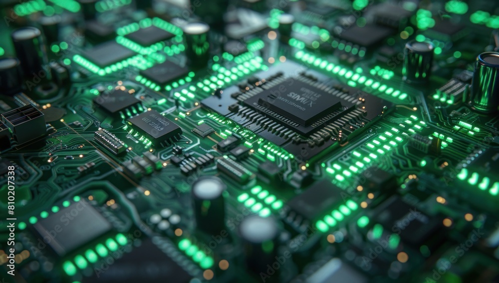 Zoom in on the intricate architecture of a microprocessor, illuminated by a soft green glow, symbolizing the computational power driving modern technology. Zoom in on the intricate architecture of a microprocessor, illuminated by a soft green glow, symbolizing the computational power driving modern technology.