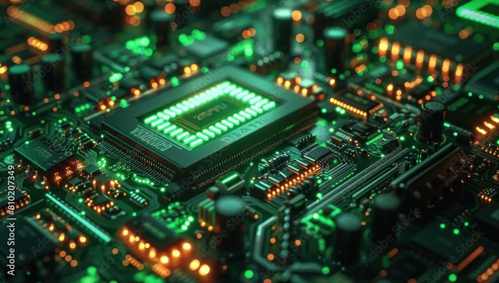 Zoom in on the intricate circuitry of a high-speed router, bathed in vibrant green light, emphasizing its role in network efficiency and speed. Zoom in on the intricate circuitry of a high-speed router, bathed in vibrant green light, emphasizing its role in network efficiency and speed.