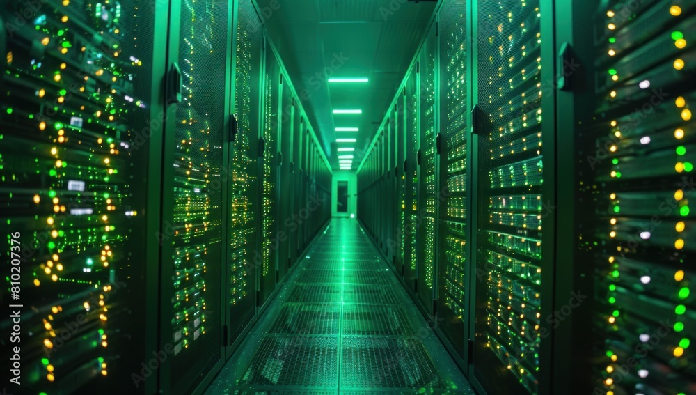 Zoom out to reveal rows of meticulously organized server racks against ...