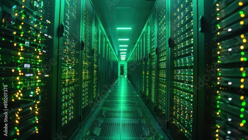 Zoom out to reveal rows of meticulously organized server racks against the vibrant green background, illustrating the scalability of cloud computing solutions. photo
