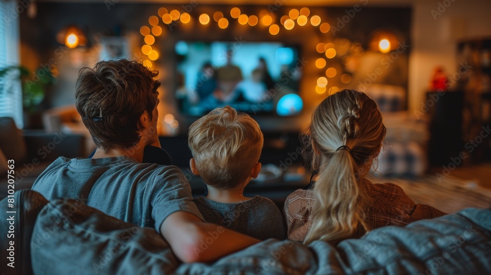 A family watching a television program in their living room with large blank screen. cottage home. A family watching a television program in their living room with large blank screen. cottage home.