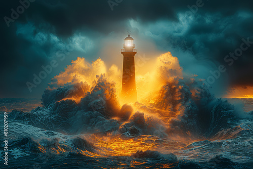 A solitary lighthouse standing sentinel against the crashing waves, its beacon guiding ships safely to shore through the darkness of the night. Concept of guidance and perseverance. Generative Ai.