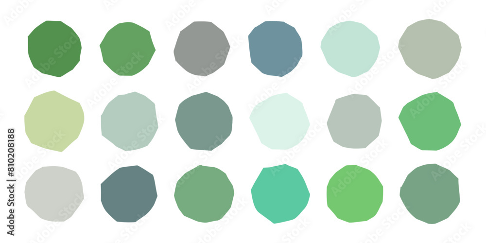 Circles of various shades of green color with jagged edges, hand-cut with scissors. Vector illustration in form of pattern for children's crafts, template for text on white isolated background.