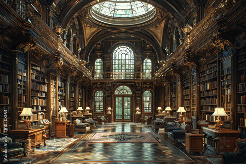 A stately library filled with rows of leather-bound books and antique furniture, the scent of old paper mingling with the quiet hum of intellectual pursuit. Generative Ai.