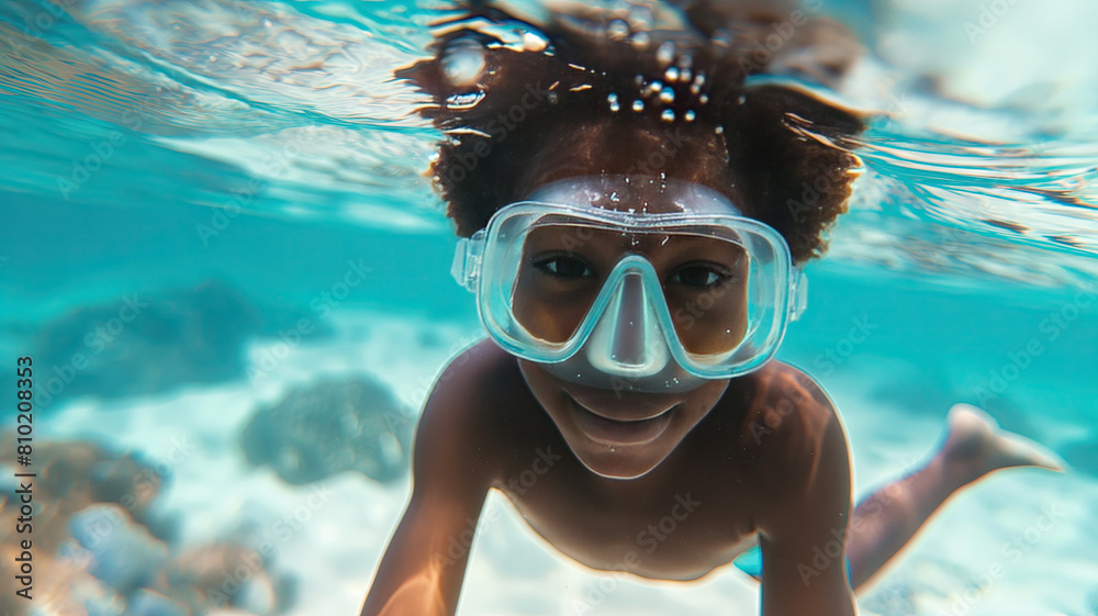 Fototapeta premium a cheerful afro american boy swimming underwater in a mask. Summer vacation.
