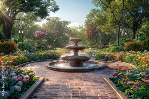A tranquil garden sanctuary adorned with winding pathways, blooming flowers, and bubbling fountains, offering a haven for contemplation and renewal. Generative Ai.