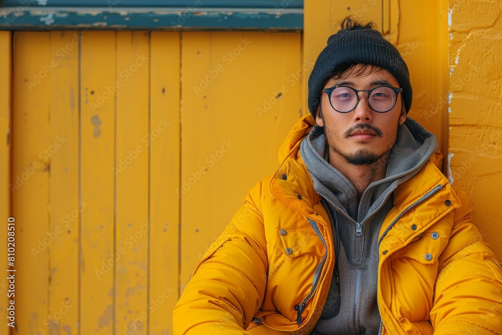 A contemplative man bundled in a bright yellow winter jacket evokes a feeling of thoughtful preparedness A contemplative man bundled in a bright yellow winter jacket evokes a feeling of thoughtful preparedness