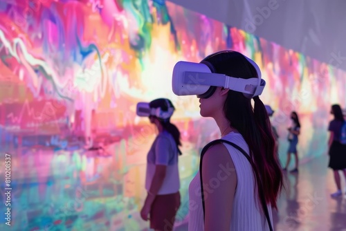 virtual art gallery with visitors wearing vr headsets exploring digital artworks and exhibitions futuristic museum concept digital painting