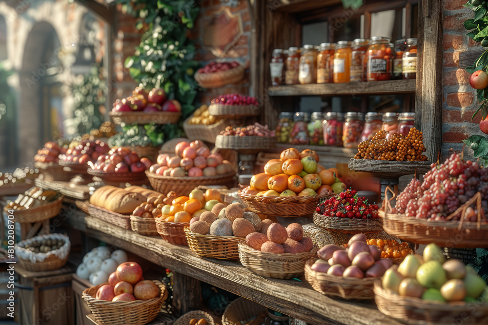 A bustling farmer's market brimming with baskets of ripe fruits, freshly baked bread, and jars of homemade preserves, each stall a celebration of the earth's bounty.  Generative Ai.
