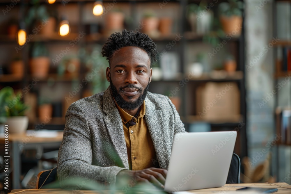 A businessman looks confidently at the camera while working on a laptop in a modern cafe, representing professionalism and focus A businessman looks confidently at the camera while working on a laptop in a modern cafe, representing professionalism and focus