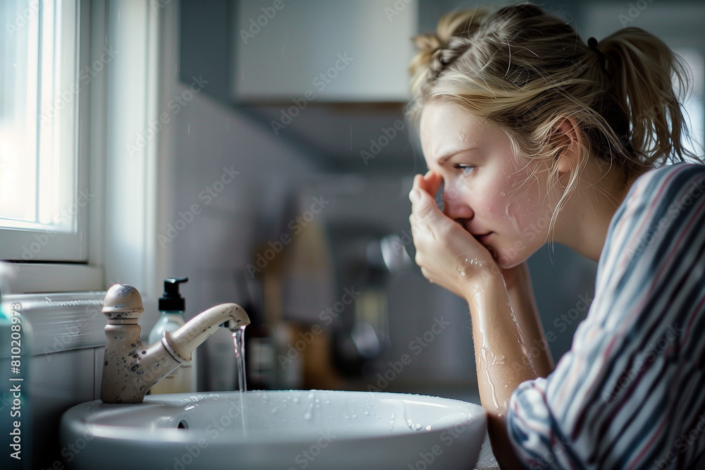young blond-haired, light-eyed woman of Nordic origin, washes her face in the sink early in the morning, preparing to face the day