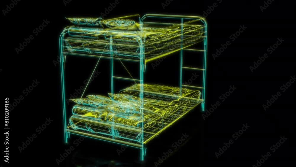 Rendering 3D animation, VISUAL EFFECTS Iron bunk beds Model on a black background Rendering 3D animation, VISUAL EFFECTS Iron bunk beds Model on a black background