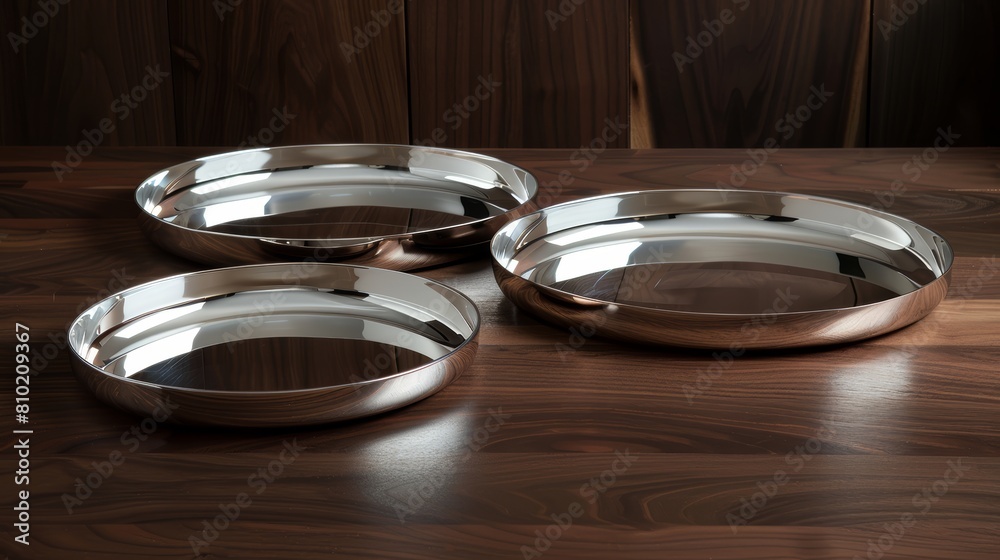 Stylish silver accessory trays on a dark walnut backdrop, captured in a portrait orientation to emphasize the sleek and refined setting Stylish silver accessory trays on a dark walnut backdrop, captured in a portrait orientation to emphasize the sleek and refined setting