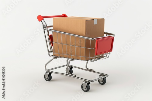 A shopping cart is full of boxes and has a red handle