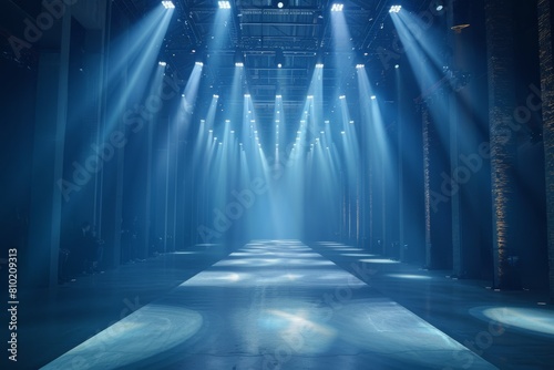 A long, empty hallway with blue lights shining down on it. Fashion show catwalk or podium stage