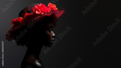 Striking silhouette of a black woman in a floral hat, featured against a rich black gradient backdrop with copy space photo