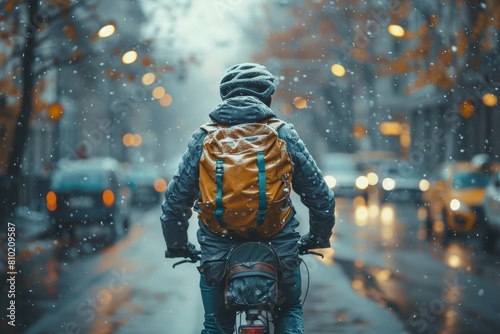 A person in a yellow jacket with their back turned walks down a rainy urban street, surrounded by reflections and city lights