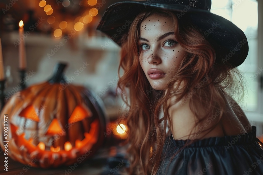 A captivating red-haired young woman in a witch hat next to a glowing carved pumpkin in a Halloween setup A captivating red-haired young woman in a witch hat next to a glowing carved pumpkin in a Halloween setup