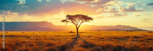 A Lone Acacia Tree Stands Majestically Against a Dramatic Orange Sky in the Vast Savannah, Offering a Peaceful and Serene View That Captures the Essence of Africas Natural Wilderness, Generative AI photo