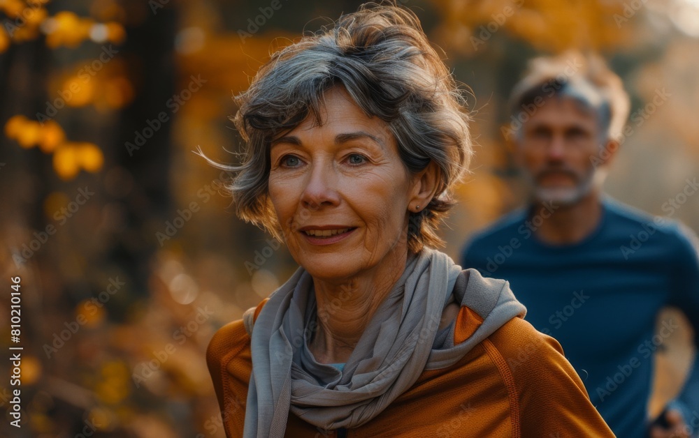 A woman wearing a scarf and a man running behind her