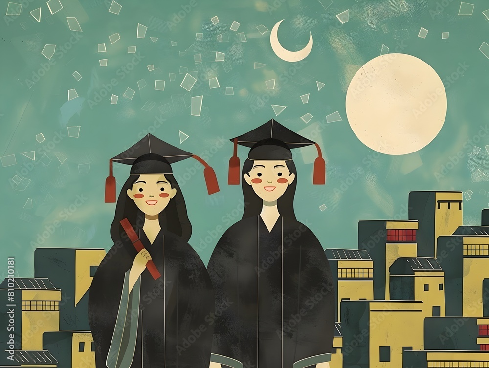 Obraz premium Sumerian Schoolchildren Pose with Open Text in Graduation Ceremony Amid Mesopotamian Cityscape