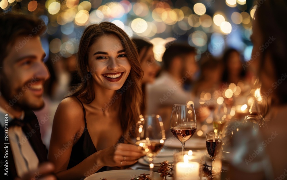 A woman is smiling at the camera while holding a wine glass. She is surrounded by other people at a dinner table with lit candles. The atmosphere seems to be warm and inviting A woman is smiling at the camera while holding a wine glass. She is surrounded by other people at a dinner table with lit candles. The atmosphere seems to be warm and inviting