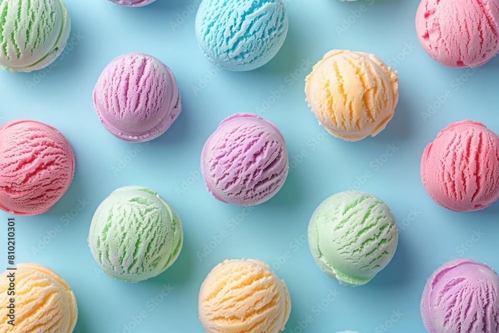 pastel ice cream balls aligned as seamless pattern on blue background. Summer vibes pastel ice cream balls aligned as seamless pattern on blue background. Summer vibes