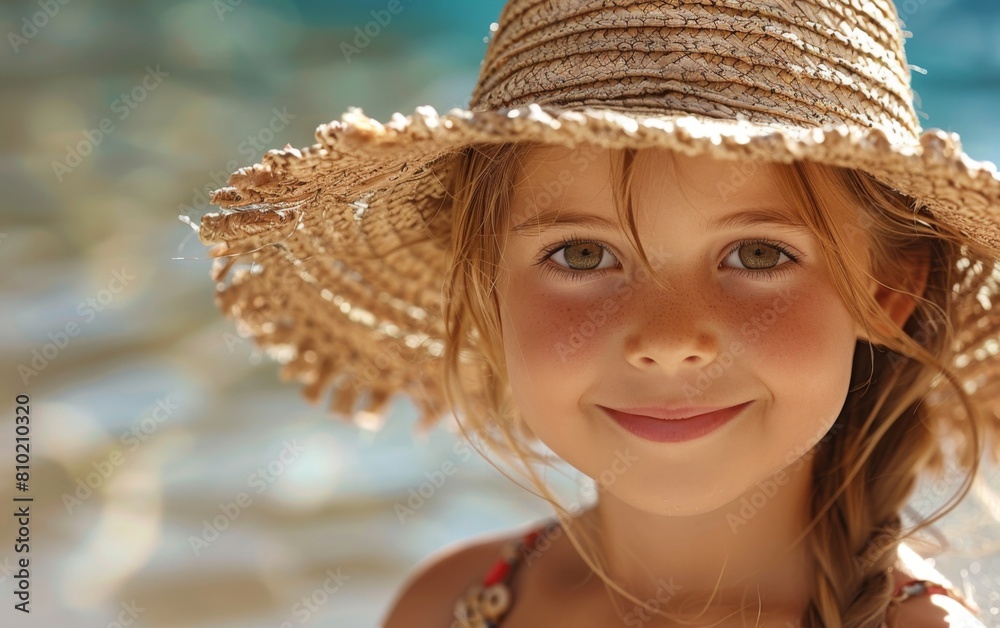 A cheerful young girl wearing a straw hat, joyfully smiling