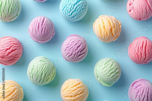 pastel ice cream balls aligned as seamless pattern on blue background. Summer vibes photo