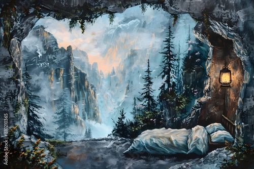 Rustic Forest Cave Retreat A Cozy Invitation to a Mystical Mountain Sanctuary in Acrylic photo
