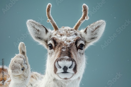 Close-up shot of a reindeer with frost on its antlers against a wintry background, capturing the essence of cold weather wildlife