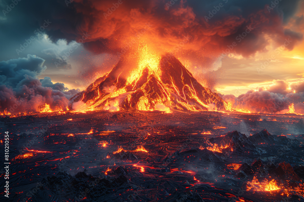 A fiery volcanic eruption shaping the Earth's surface, releasing molten ...