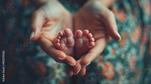 Mothers hands with tiny baby legs closeup