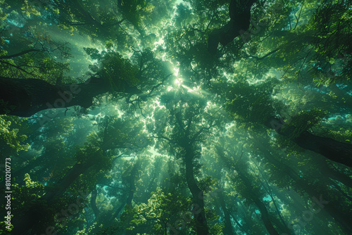 A majestic forest canopy, with towering trees reaching towards the sky, providing habitat for countless species of plants and animals. Concept of arboreal ecosystems. Generative Ai.