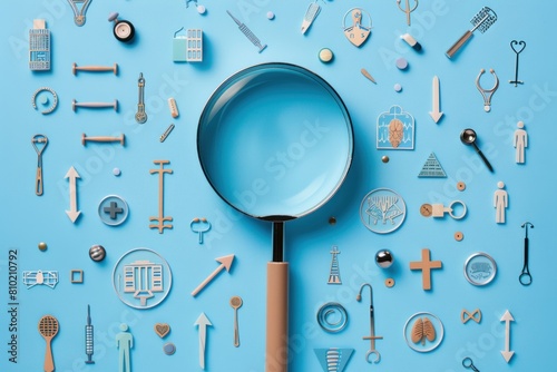 A magnifying glass is placed over a blue background with many different shapes photo