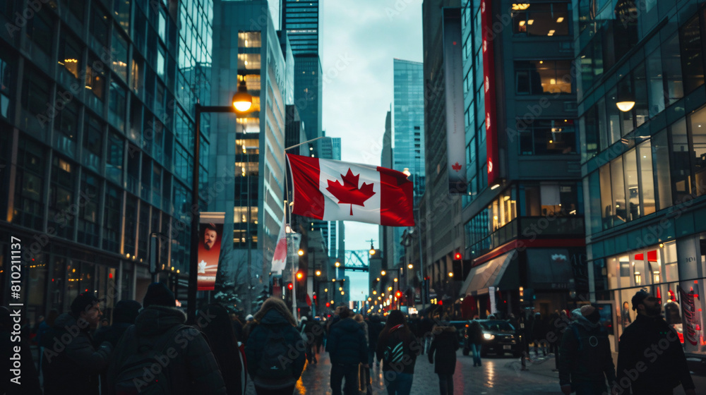 National flag of Canada in modern city