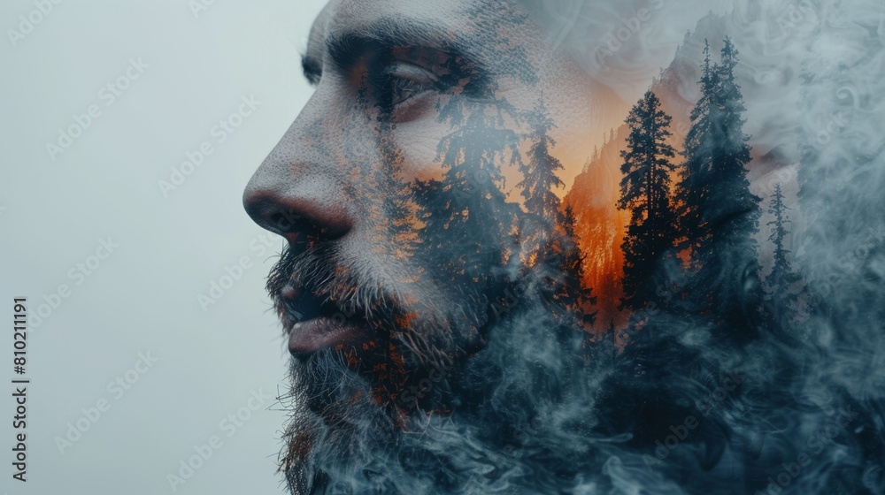 In the double exposure we can see a man's face, high mountains, and forest. A panoramic view. The concept of nature and man being one. A view of a mountain in the background. A memory of a In the double exposure we can see a man's face, high mountains, and forest. A panoramic view. The concept of nature and man being one. A view of a mountain in the background. A memory of a