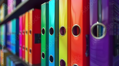A row of colorful binders lined up neatly on a shelf, each one containing important notes and documents photo