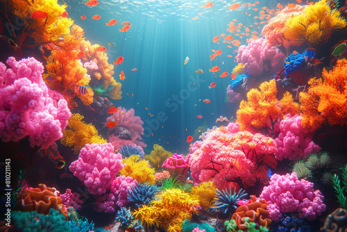 A colorful coral reef teeming with life, from vibrant fish to intricate coral formations, representing the diversity of marine habitats. Concept of coral ecosystems. Generative Ai. © Sebastian